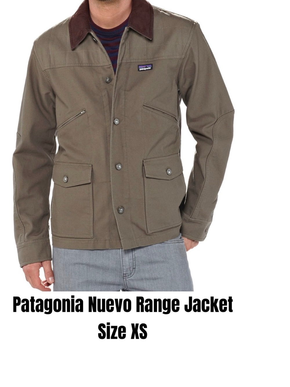 Patagonia Nuevo Range Jacket in Olive with Brown Corduroy Collar and cuffs